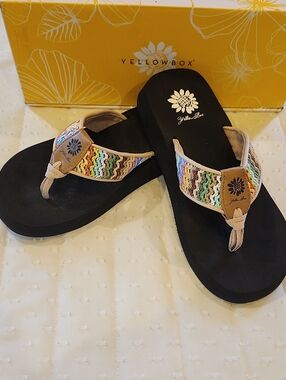 Yellow Box Black Sandals Ez 7  with Multicolor Woven Straps